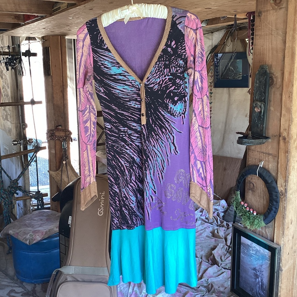 Custo Barcelona Lion Feather Midi Dress Sz S Boho Festival Hippie Rasta Art